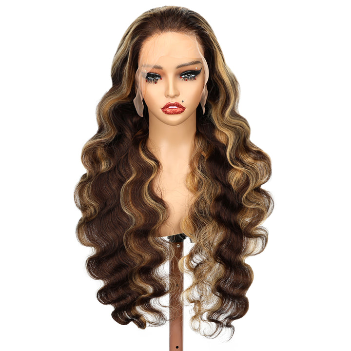 Kinnis Ombre Highlight #P4/27 Body Wave 13x6 Lace Front Honey Blonde Highlight Human Hair Wig