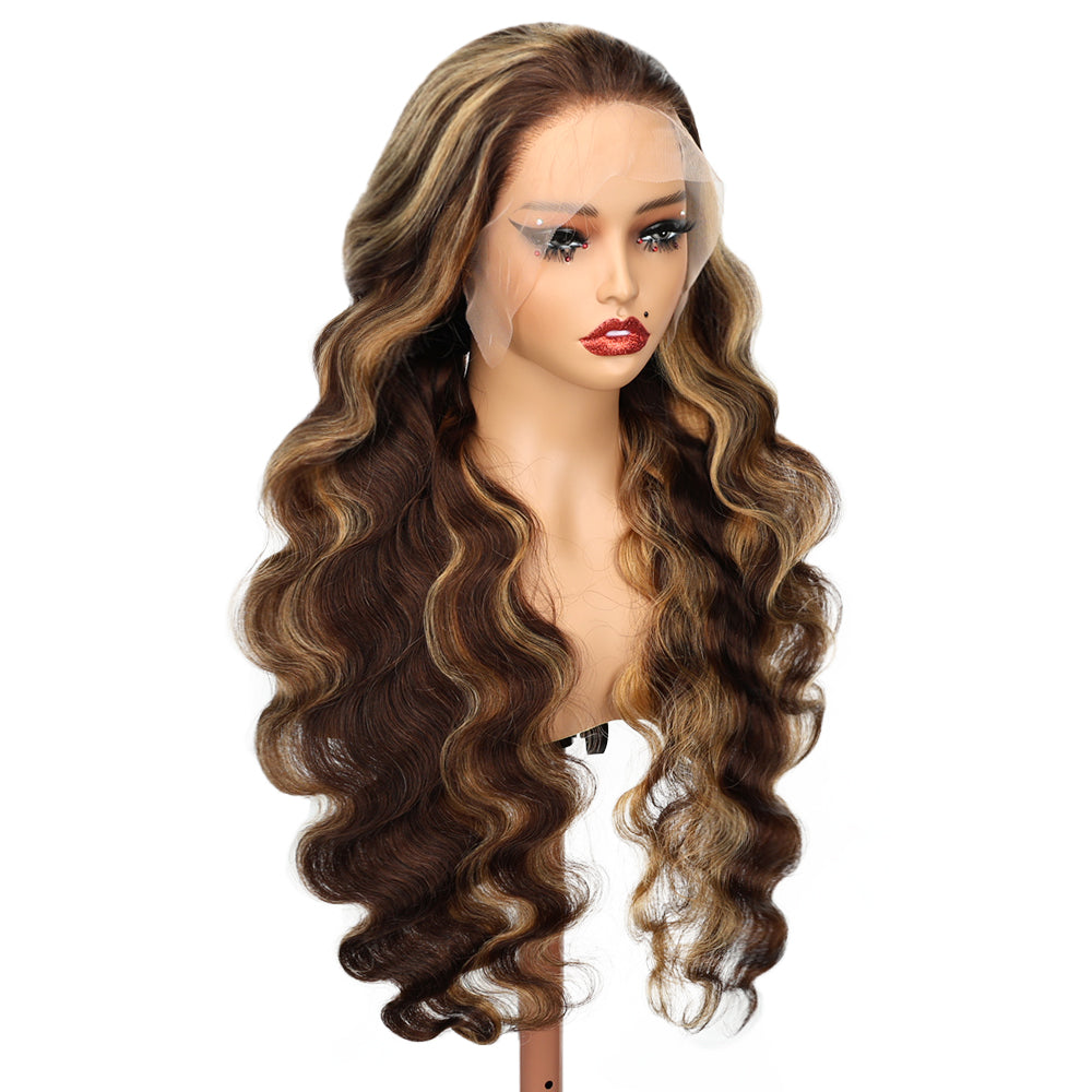 Kinnis Ombre Highlight #P4/27 Body Wave 13x6 Lace Front Honey Blonde Highlight Human Hair Wig