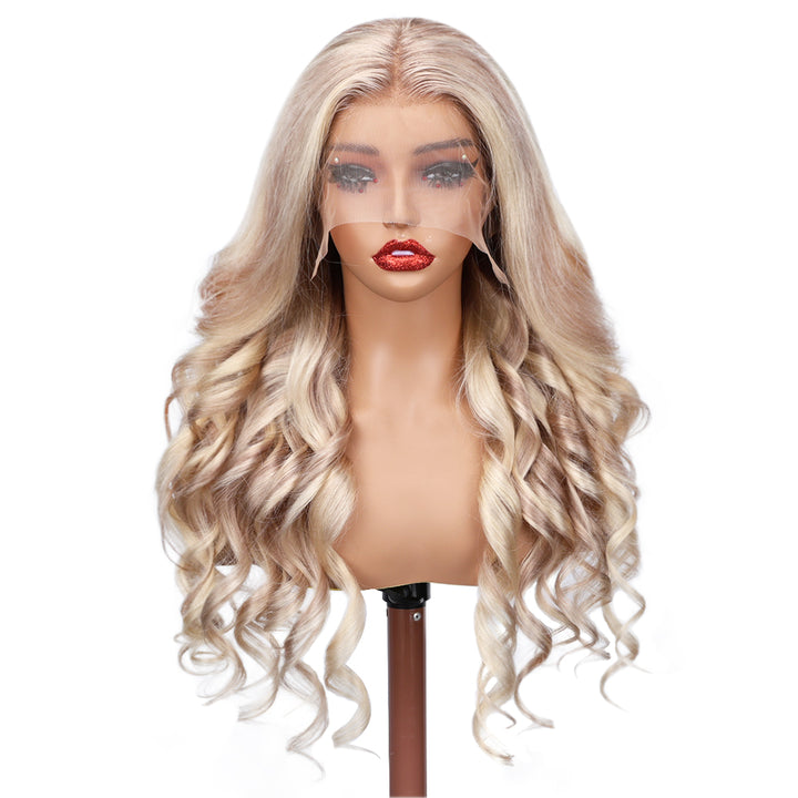 Kinnis #P18/613 Ash Blonde Highlights Body Wave 13x4 Lace Front Wig Transparent Lace Blonde Hair Color