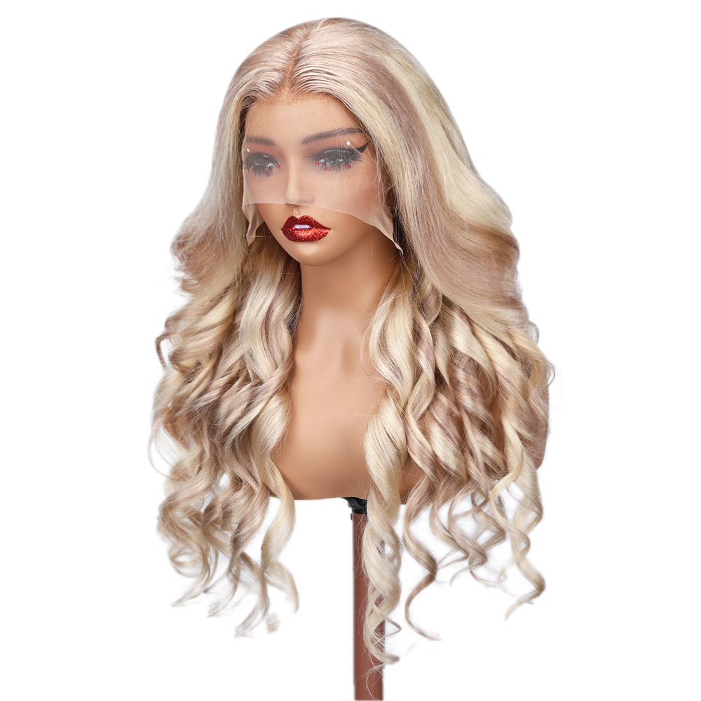 Kinnis #P18/613 Ash Blonde Highlights Body Wave 13x4 Lace Front Wig Transparent Lace Blonde Hair Color