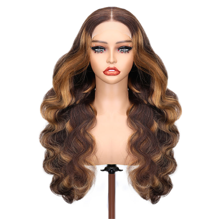 Kinnis Highlights Hair Body Wave 5x5 Lace Closure Wig P4/27 Transparent Lace Brown Hair with Blonde Highlights Wigs