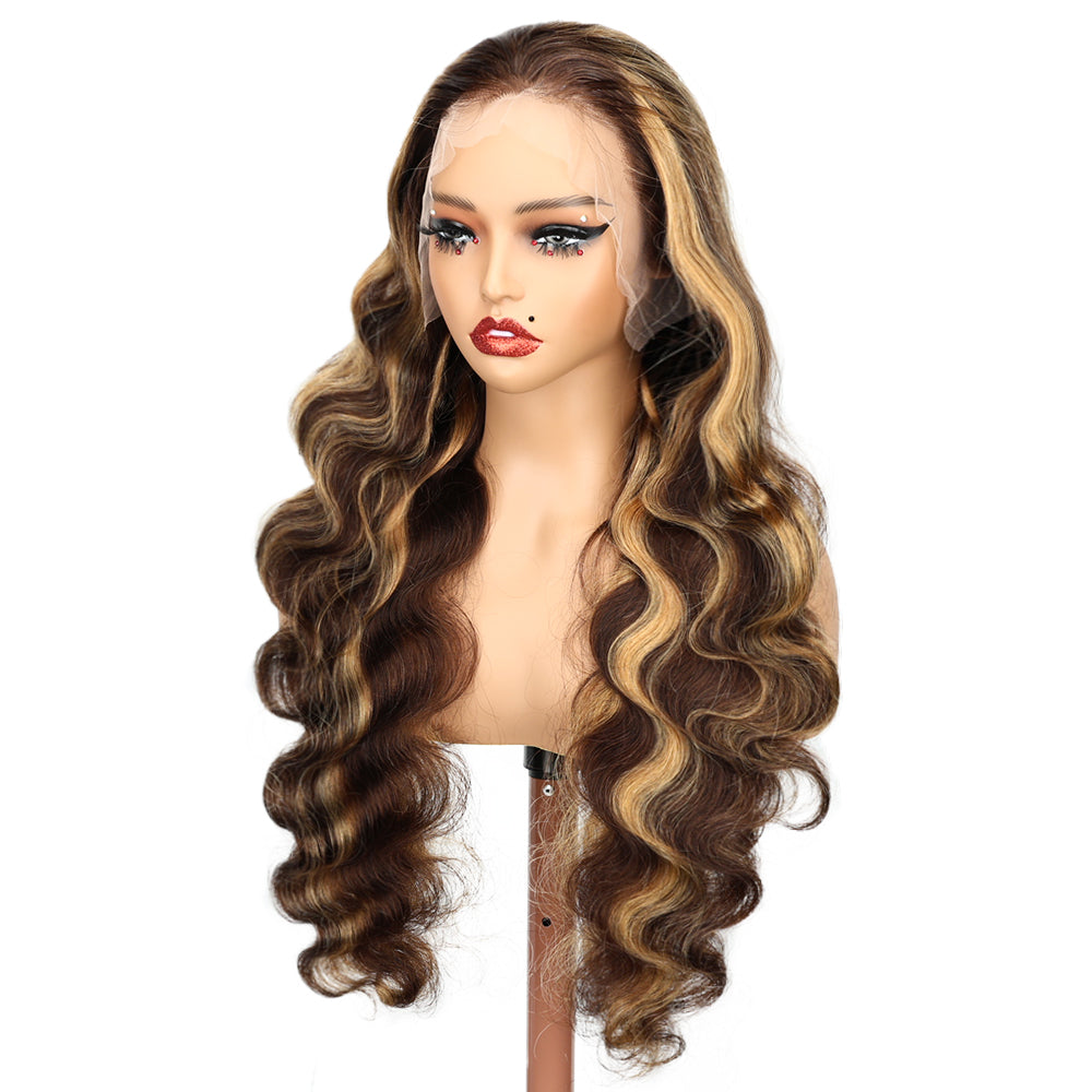 Kinnis Highlight Ombre Body Wave Pre Plucked 13x4 Glueless HD Lace Front Wig Colored Human Hair Wigs