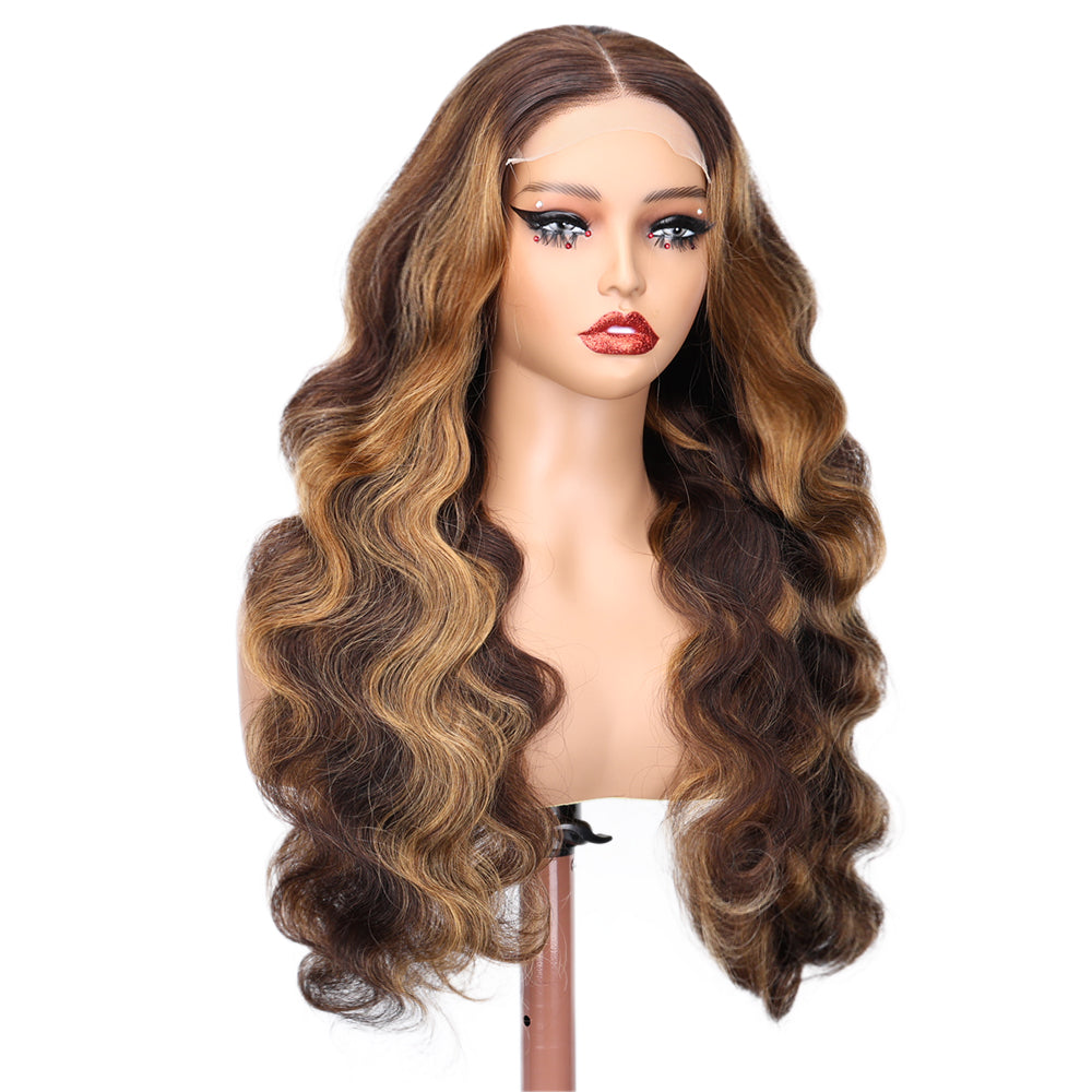 Kinnis Highlights Hair Body Wave 5x5 Lace Closure Wig P4/27 Transparent Lace Brown Hair with Blonde Highlights Wigs