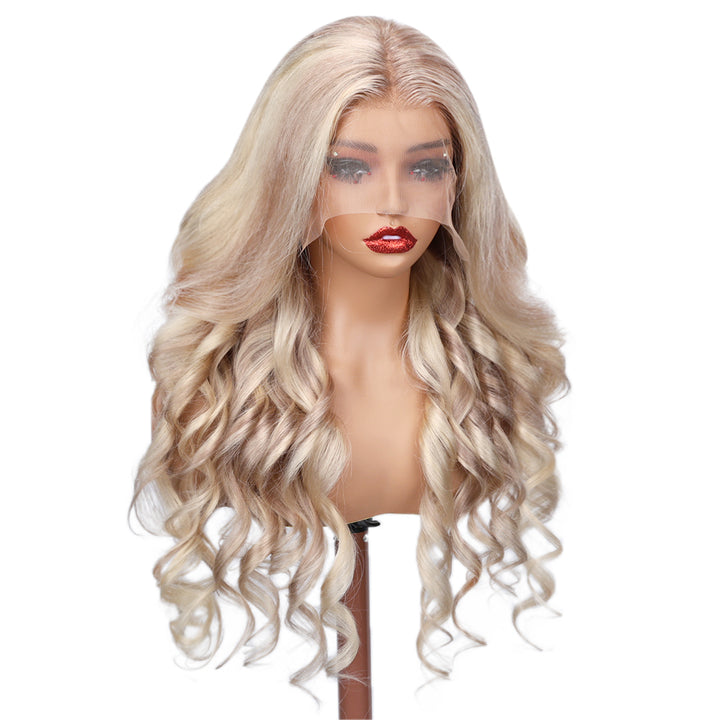 Kinnis #P18/613 Ash Blonde Highlights Body Wave 13x4 Lace Front Wig Transparent Lace Blonde Hair Color