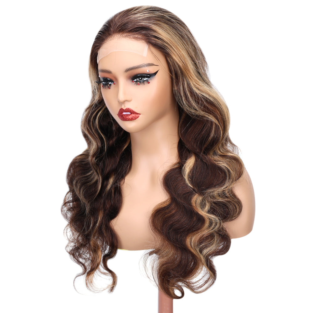 Kinnis Highlight Body Wave Wig #P4/27 Ombre Wig 4x4 Lace Closure Human Hair Wig