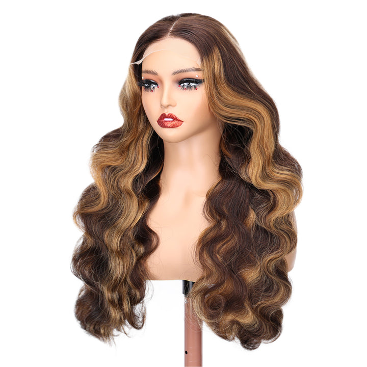 Kinnis Highlights Hair Body Wave 5x5 Lace Closure Wig P4/27 Transparent Lace Brown Hair with Blonde Highlights Wigs