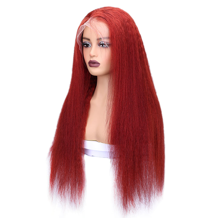 Kinnis 99J Burgundy Yaki Straight 13x4 Lace Front Glueless Wigs Pre Plucked with Baby Hair