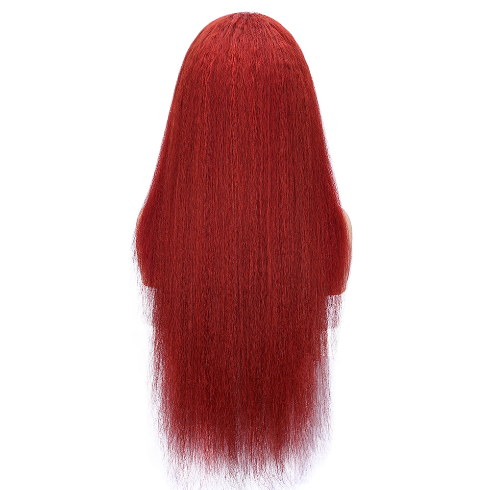 Kinnis 99J Burgundy Yaki Straight 13x4 Lace Front Glueless Wigs Pre Plucked with Baby Hair